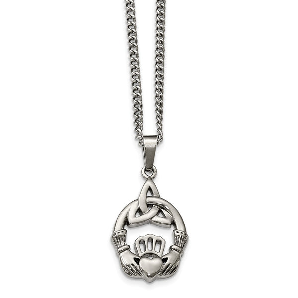 Stainless Steel Polished Trinity Knot and Claddagh Necklace