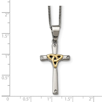 Stainless Steel Polished Yellow IP-plated w/ CZ Cross Necklace