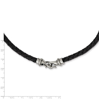 Stainless Steel Polished Woven Black Leather Necklace