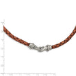 Stainless Steel Polished Woven Brown Leather Necklace