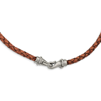 Stainless Steel Polished Woven Brown Leather Necklace