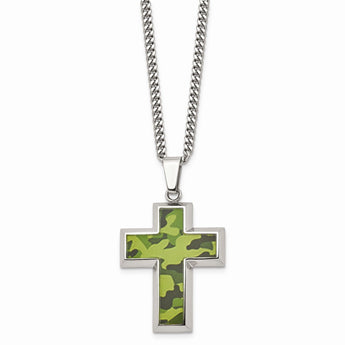 StainlessSteel Polished Printed GreenCamo Under Rubber CrossNecklace