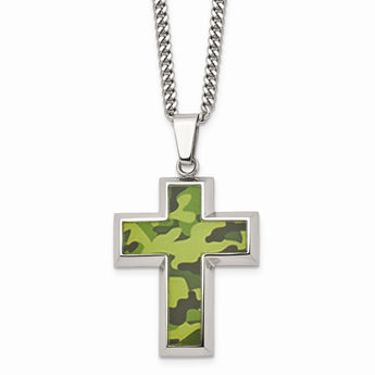 StainlessSteel Polished Printed GreenCamo Under Rubber CrossNecklace