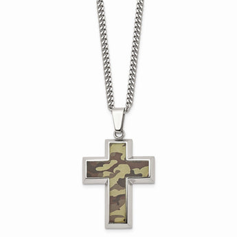 StainlessSteel Polished Printed BrownCamo Under RubberCross Necklace