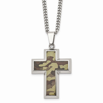 StainlessSteel Polished Printed BrownCamo Under RubberCross Necklace