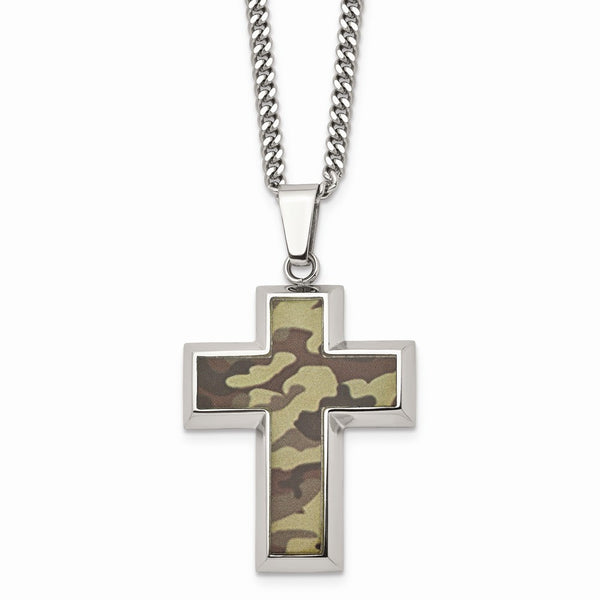 StainlessSteel Polished Printed BrownCamo Under RubberCross Necklace