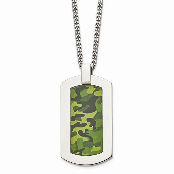 Stainless Steel Polished Printed Green Camo Under Rubber Necklace