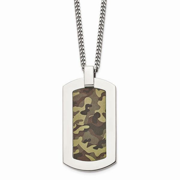 Stainless Steel Polished Printed Brown Camo Under Rubber Necklace