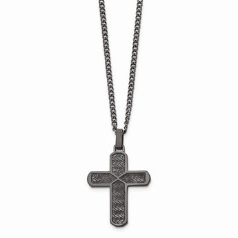 Stainless Steel Polished Textured Black IP-plated Cross Necklace