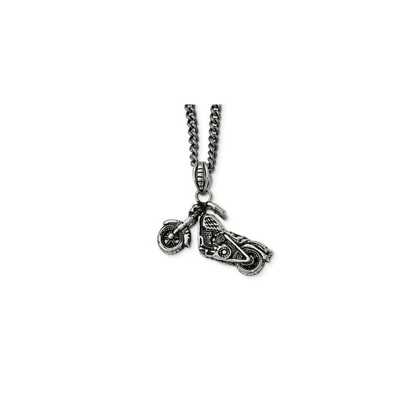 Stainless Steel Polished, Antiqued & Textured Motorcycle Necklace