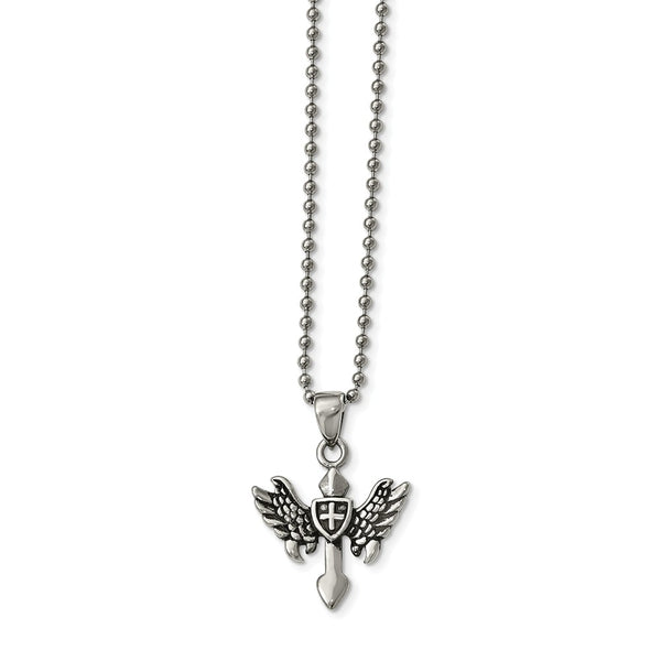 Stainless Steel Polished and Antiqued Cross w/Wings Necklace