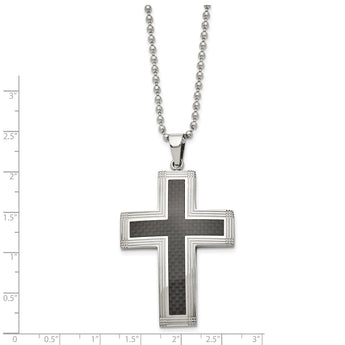 Stainless Steel Polished Carbon Fiber Inlay Cross 22in Necklace