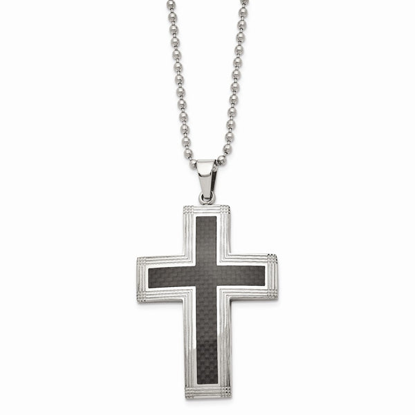 Stainless Steel Polished Carbon Fiber Inlay Cross 22in Necklace