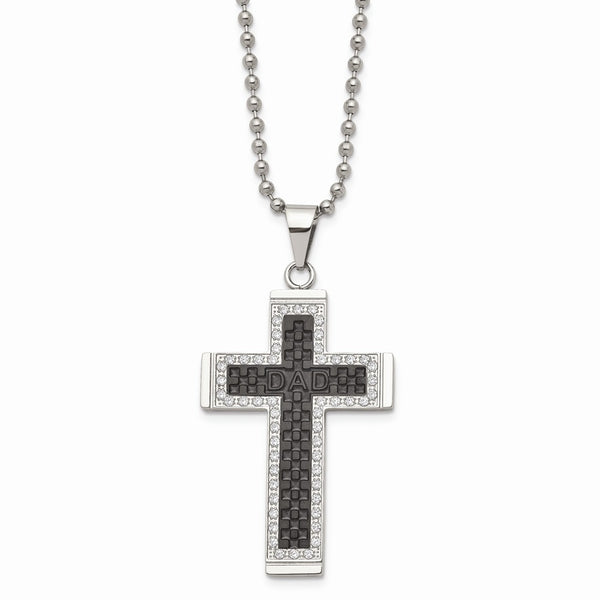 Stainless Steel Polished Black IP-plated CZ Cross Necklace