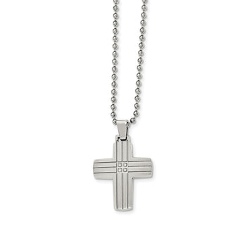 Stainless Steel Polished and Brushed CZ Cross Necklace