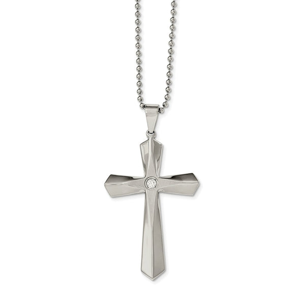 Stainless Steel Polished and Brushed CZ Cross Necklace