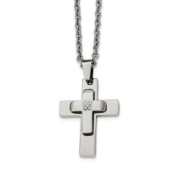 Stainless Steel Polished CZ Cross Necklace