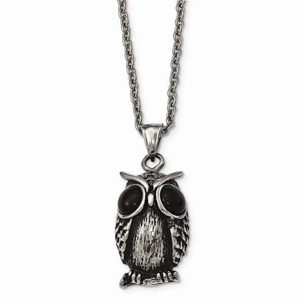 Stainless Steel Antiqued and Polished Black Glass Owl Necklace