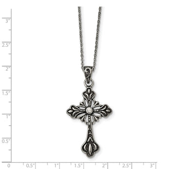 Stainless Steel Antiqued and Polished w/Crystal Cross Necklace