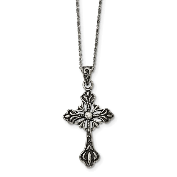 Stainless Steel Antiqued and Polished w/Crystal Cross Necklace