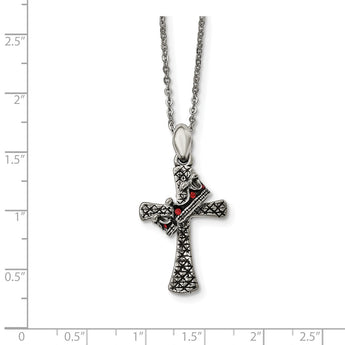 Stainless Steel Antiqued & Polished w/ Crystal Cross Necklace