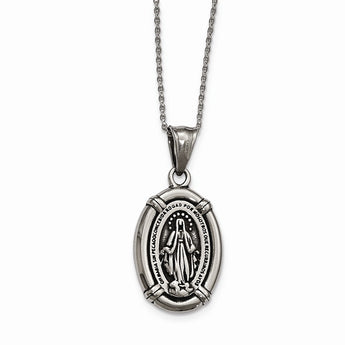 Stainless Steel Antiqued Polished Spanish Miraculous Medal Necklace