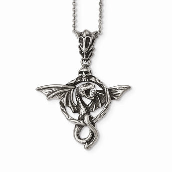 Stainless Steel Antiqued and Polished w/ CZ Dragon Necklace