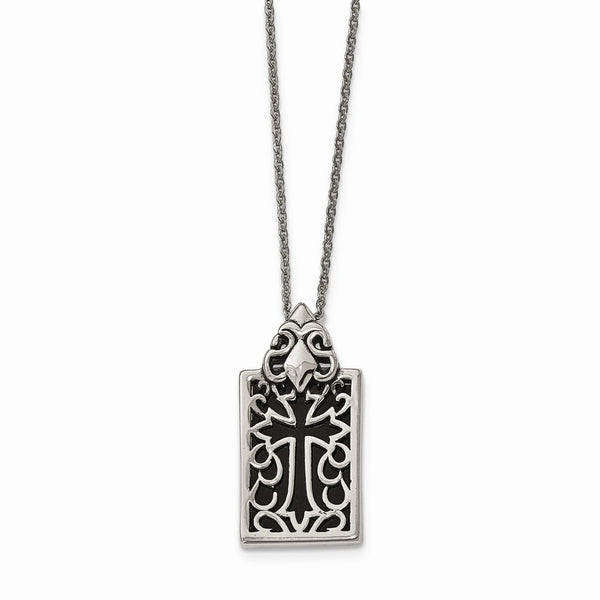 Stainless Steel Antiqued & Polished w/ Black Glass Cross Necklace