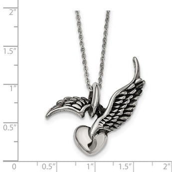 Stainless Steel Antiqued and Polished Heart w/ Wings Necklace