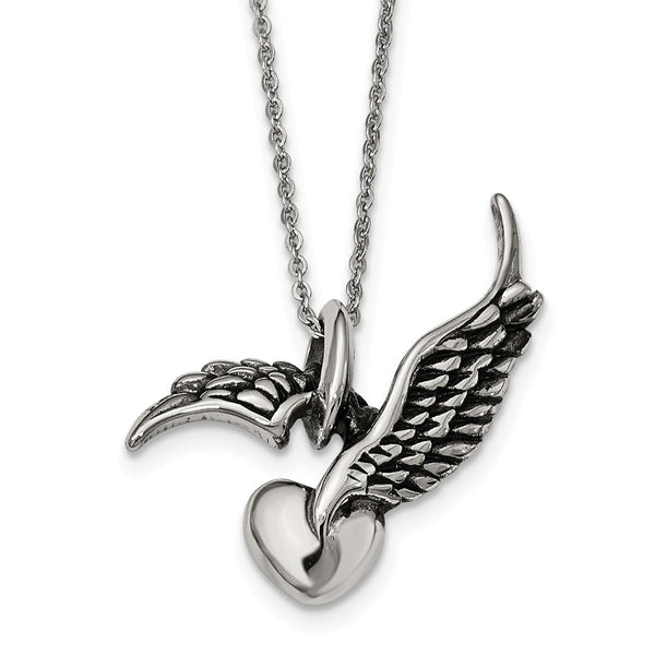 Stainless Steel Antiqued and Polished Heart w/ Wings Necklace
