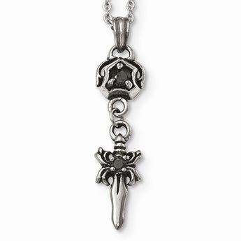 Stainless Steel Antiqued and Polished w/ Black CZ Sword Necklace