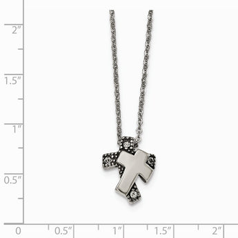 Stainless Steel Antiqued and Polished w/ Crystals Cross Necklace