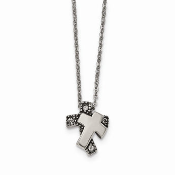 Stainless Steel Antiqued and Polished w/ Crystals Cross Necklace