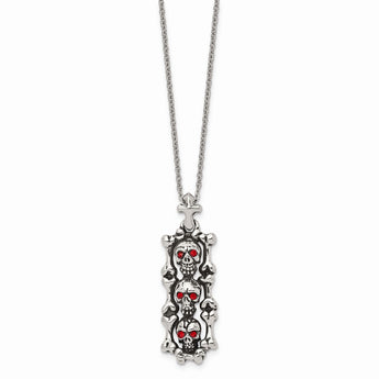 Stainless Steel Antiqued and Polished w/ Red Crystal Skull Necklace