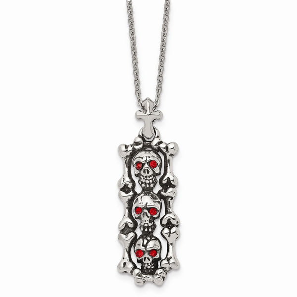 Stainless Steel Antiqued and Polished w/ Red Crystal Skull Necklace