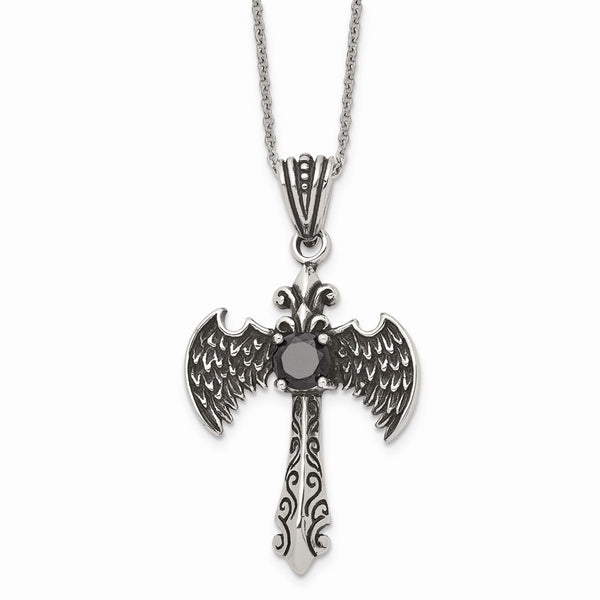Stainless Steel Antiqued and Polished w/ Black CZ Cross Necklace