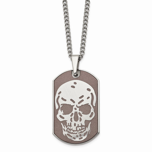 Stainless Steel Brown IP-plated Skull Dog Tag 24in Necklace