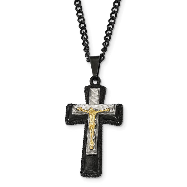 StainlessSteel Black & Yellow IP-plated w/ Silver IP Brass Crucifix Neckla