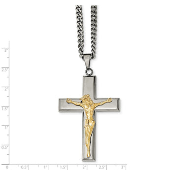 Stainless Steel Polished Cross w/Yellow IP Jesus Necklace