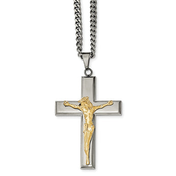 Stainless Steel Polished Cross w/Yellow IP Jesus Necklace