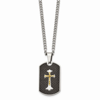 Stainless Steel Carbon Fiber Inlay Gold IP-plated D/C Cross Necklace