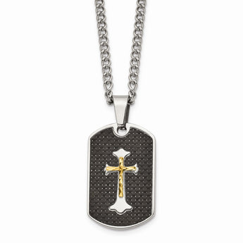 Stainless Steel Carbon Fiber Inlay Gold IP-plated D/C Cross Necklace