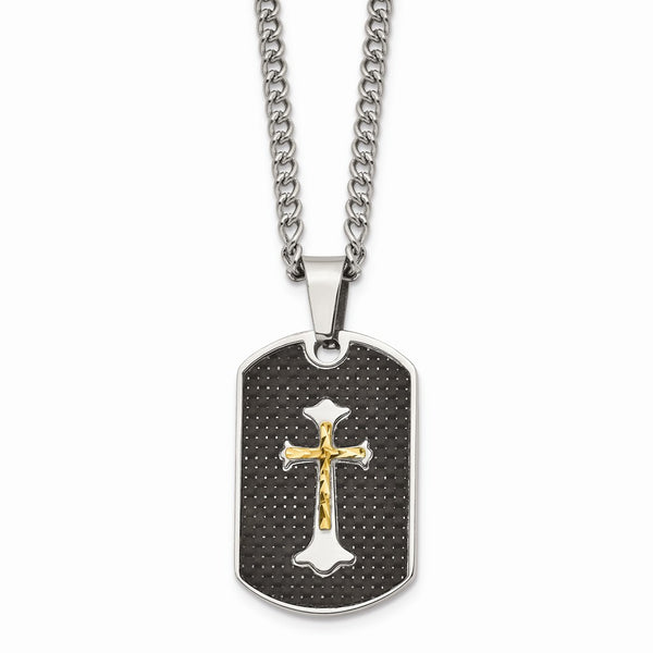 Stainless Steel Carbon Fiber Inlay Gold IP-plated D/C Cross Necklace