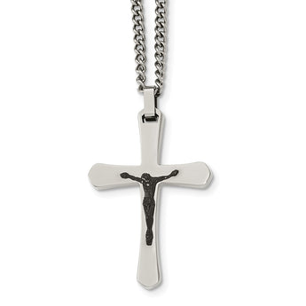 Stainless Steel Polished Cross w/Black IP Jesus Necklace