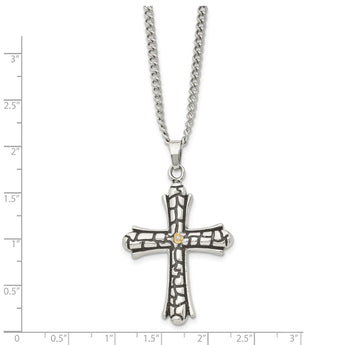 Stainless Steel Polished w/Black IP CZ Cross Necklace