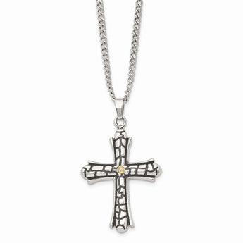 Stainless Steel Polished w/Black IP CZ Cross Necklace