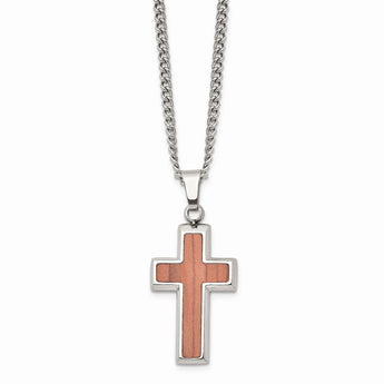 Stainless Steel Polished Wood Inlay Cross Necklace