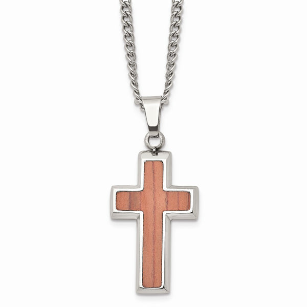 Stainless Steel Polished Wood Inlay Cross Necklace