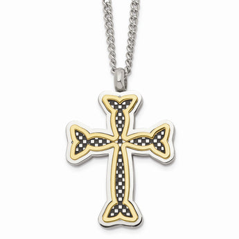 Stainless Steel Polished Black and Yellow IP-plated Cross Necklace