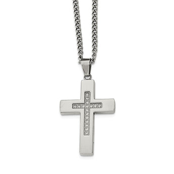 Stainless Steel Polished CZ Cross Necklace